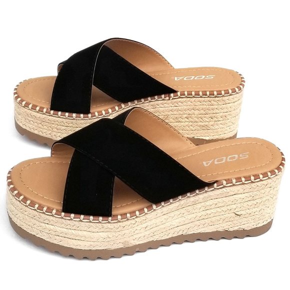 Shoes - New Black Cross Platform Wedge Espadrille Sandals